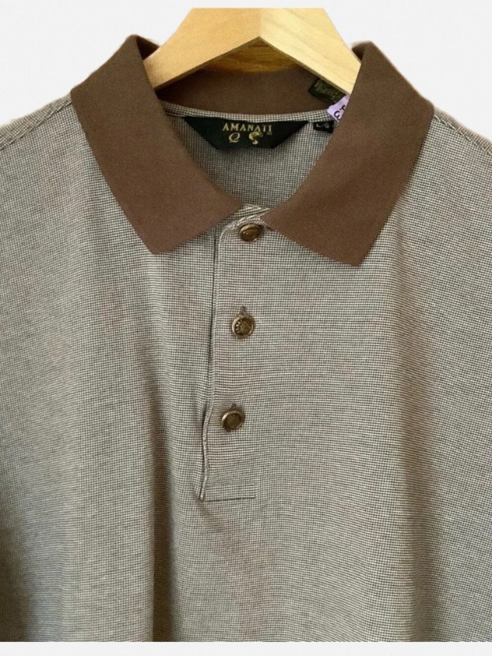 VINTAGE Italian Cotton Knit Polo Shirt Brown Brass Crest Buttons L